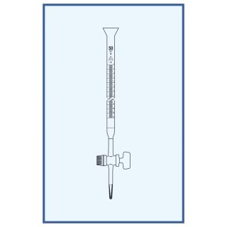 Byreta, tř. B, se Schellbachovým pruhem, přímý kohout, skleněné kladívko, s rozšířeným kalichem