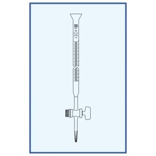 Byreta, tř. AS, přímý kohout, skleněné kladívko, s rozšířeným kalichem